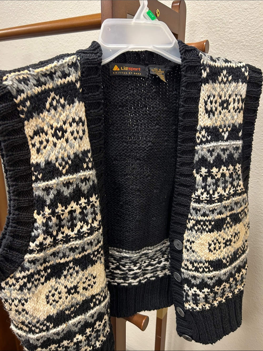 Lizsport Black & Cream Fair Isle Button Cardigan Vest Cottage, Cabin Core